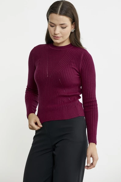 Derbili Sıfır Yaka Triko Kazak - Bordo - 4