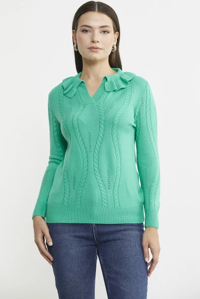 Fırfır Yakalı Motifli Triko Kazak - Yeşil - 2