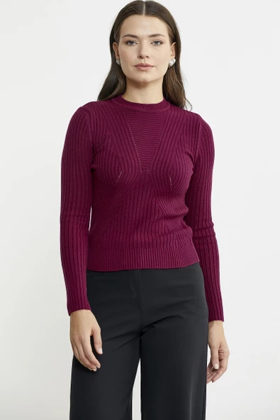 Derbili Sıfır Yaka Triko Kazak - Bordo - 2