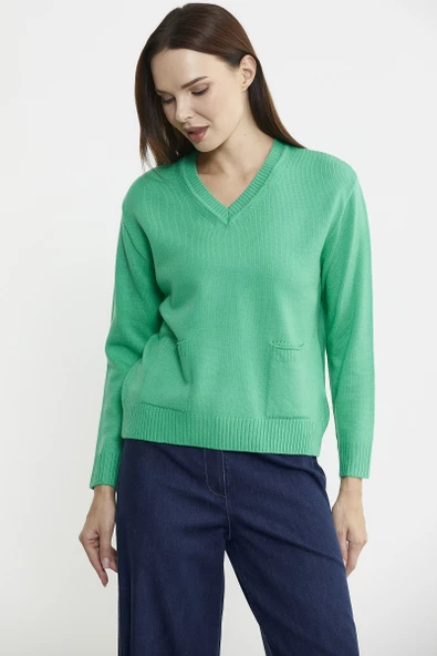 Cep Detaylı V Yaka Triko Kazak - Yeşil - 4