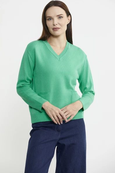 Cep Detaylı V Yaka Triko Kazak - Yeşil - 3