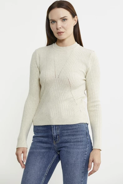 Derbili Sıfır Yaka Triko Kazak - Taş - 4