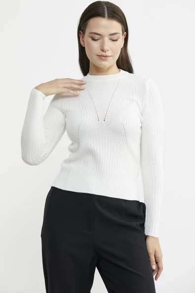 Derbili Sıfır Yaka Triko Kazak - Kemik - 2