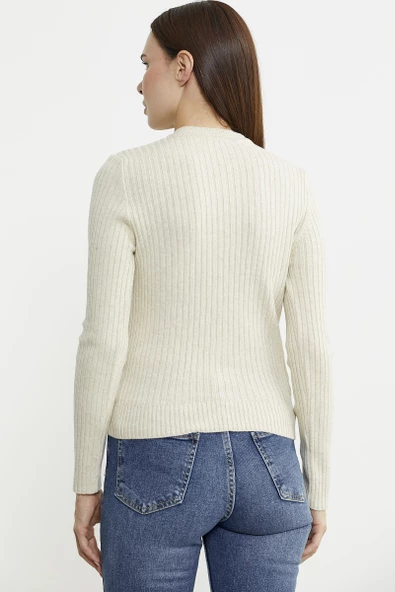 Derbili Sıfır Yaka Triko Kazak - Taş - 5