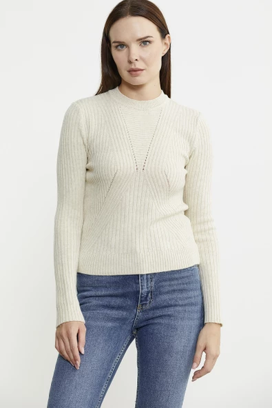 Derbili Sıfır Yaka Triko Kazak - Taş - 3