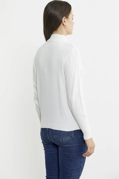 Yarım Balıkçı Motifli Triko Kazak - Kemik - Resim 6