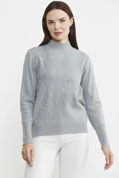 Yarım Balıkçı Motifli Triko Kazak - Gri - Resim 4