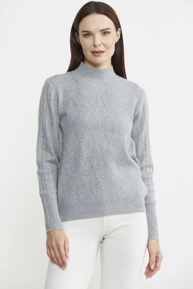 Yarım Balıkçı Motifli Triko Kazak - Gri - Resim 3