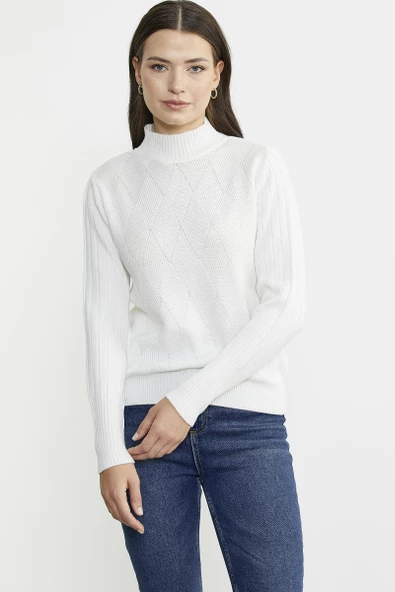 Yarım Balıkçı Motifli Triko Kazak - Kemik ürün görseli 1