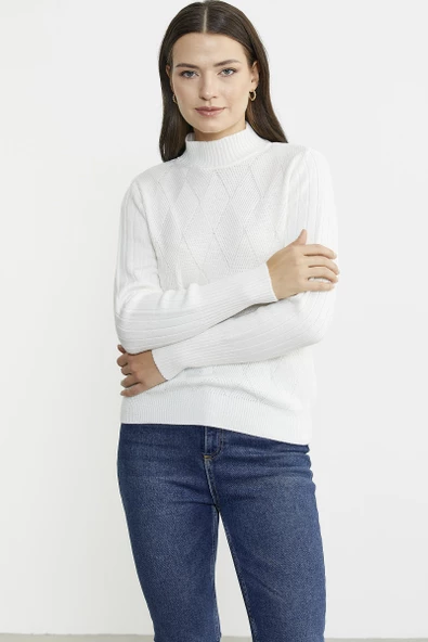 Yarım Balıkçı Motifli Triko Kazak - Kemik - Resim 3