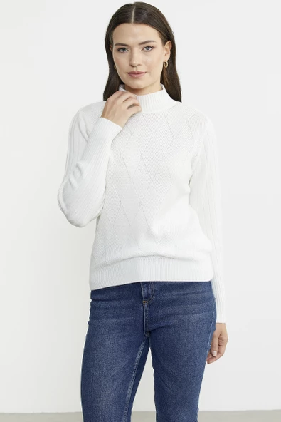 Yarım Balıkçı Motifli Triko Kazak - Kemik - Resim 2