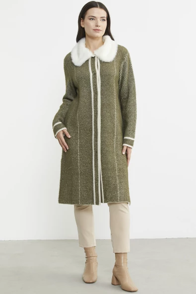 Yakası Suni Kürk Detaylı Uzun Triko Hırka - Haki - 3