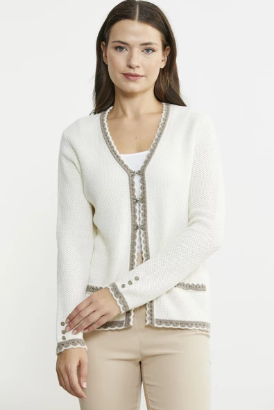 Dilimli Yaka Detaylı Kısa Yün Triko Hırka - Kemik - Resim 3