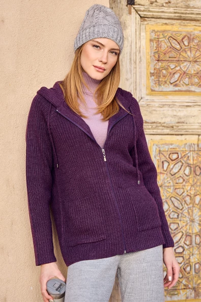 Kapüşonlu Tam Fermuarlı Yünlü Triko Hırka - Mor ürün görseli