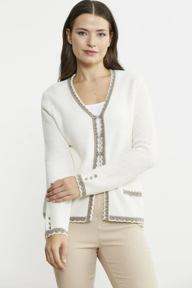 Dilimli Yaka Detaylı Kısa Yün Triko Hırka - Kemik - Resim 4