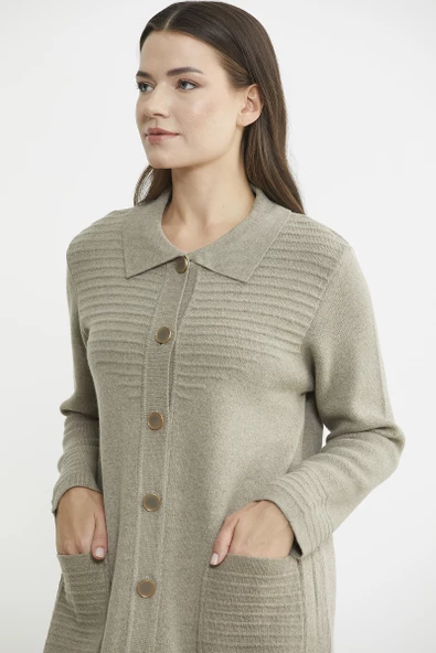 Nervür Detaylı Cepli Uzun Yünlü Triko Hırka - Vizon - 3