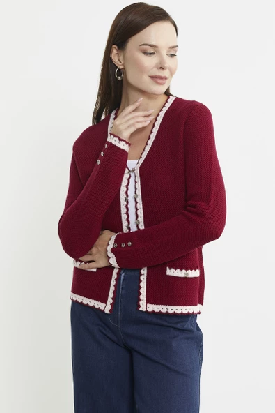 Dilimli Yaka Detaylı Kısa Yün Triko Hırka - Bordo - 4