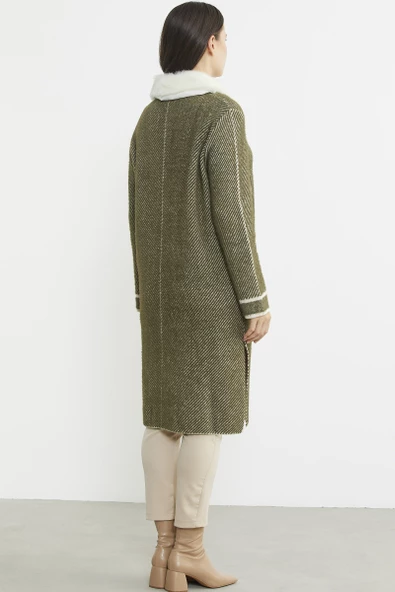 Yakası Suni Kürk Detaylı Uzun Triko Hırka - Haki - 5