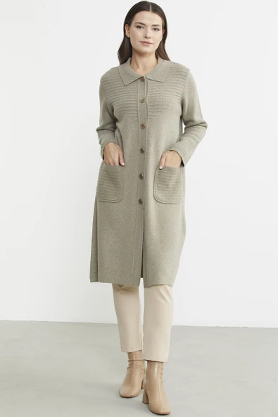 Nervür Detaylı Cepli Uzun Yünlü Triko Hırka - Vizon - 2