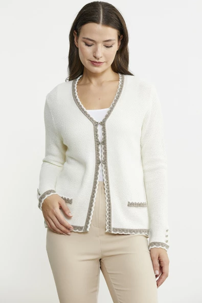 Dilimli Yaka Detaylı Kısa Yün Triko Hırka - Kemik ürün görseli