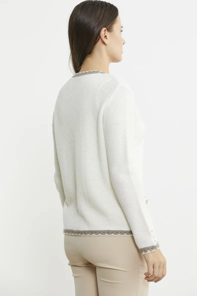 Dilimli Yaka Detaylı Kısa Yün Triko Hırka - Kemik - Resim 5