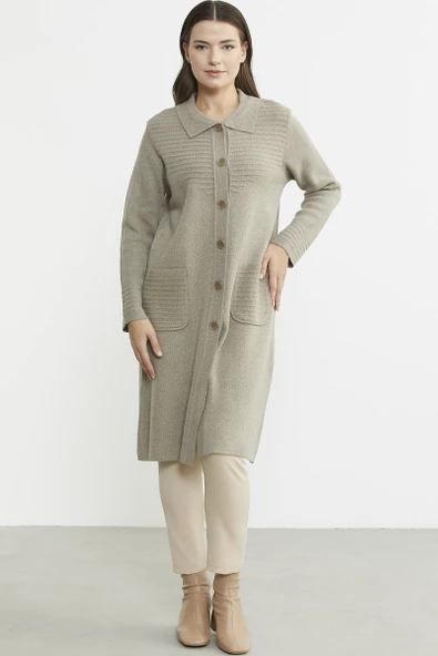 Nervür Detaylı Cepli Uzun Yünlü Triko Hırka - Vizon - 4