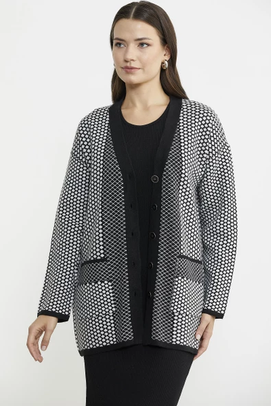 Oversize Cepli Petek Motifli Triko Ceket - Siyah - 2