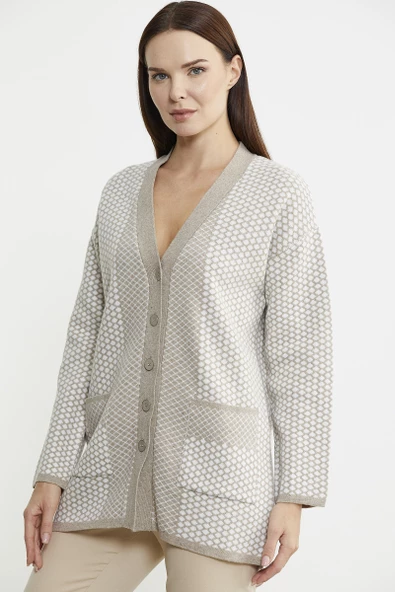 Oversize Cepli Petek Motifli Triko Ceket - Vizon - 4