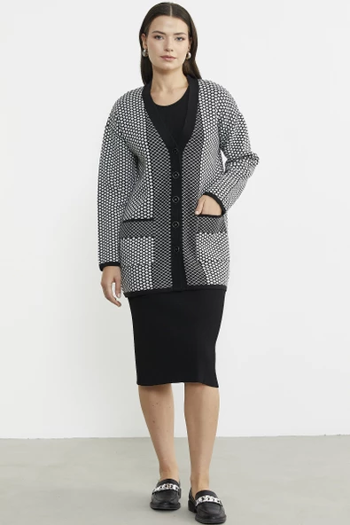 Oversize Cepli Petek Motifli Triko Ceket - Siyah - 1