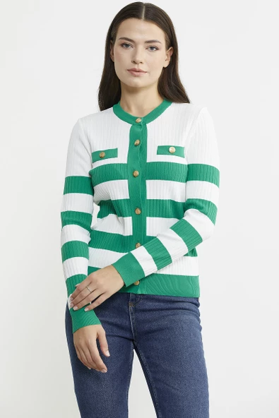 Blok Geçişli Çift Renk Triko Hırka - Yeşil - Resim 2