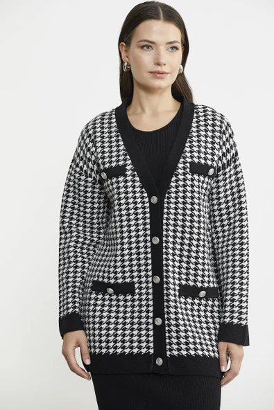 Kazayağı Motif Oversize Triko Ceket - Siyah