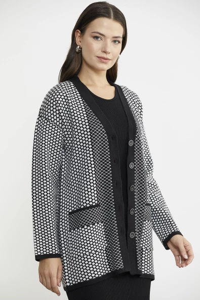 Oversize Cepli Petek Motifli Triko Ceket - Siyah - 3