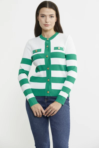 Blok Geçişli Çift Renk Triko Hırka - Yeşil ürün görseli