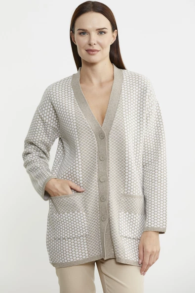 Oversize Cepli Petek Motifli Triko Ceket - Vizon