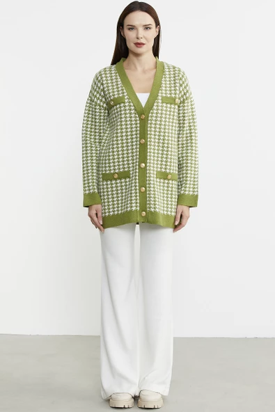 Kazayağı Motif Oversize Triko Ceket - Yeşil - 3