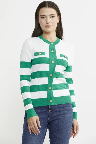 Blok Geçişli Çift Renk Triko Hırka - Yeşil - Resim 3