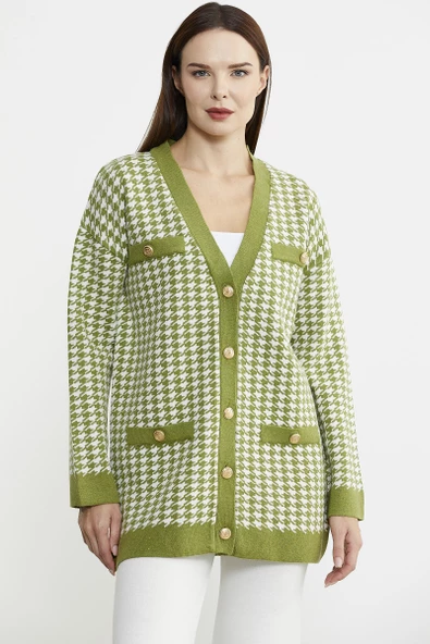 Kazayağı Motif Oversize Triko Ceket - Yeşil - 4