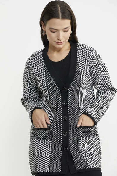 Oversize Cepli Petek Motifli Triko Ceket - Siyah - 4