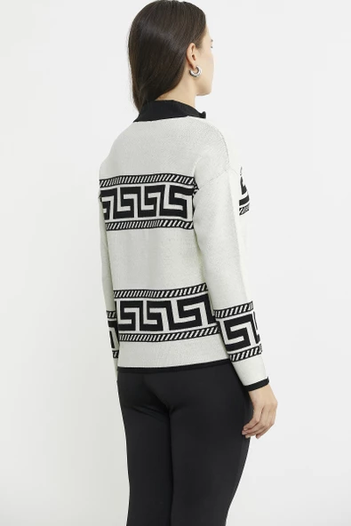 Blok Desenli Dik Yaka Triko Kazak - Kemik - Resim 6