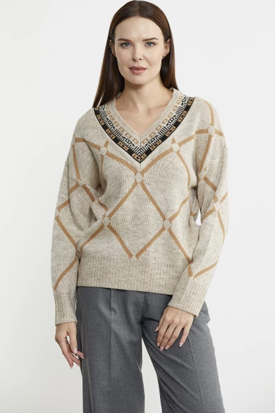 Jakarlı Çok Desenli Yünlü Triko Kazak - Bej ürün görseli 1