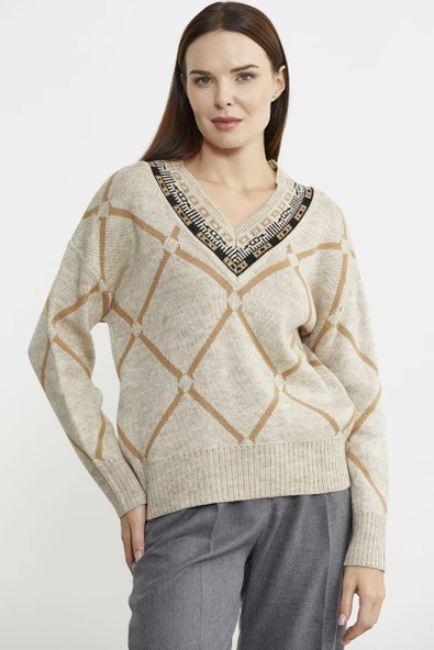 Jakarlı Çok Desenli Yünlü Triko Kazak - Bej - Resim 4