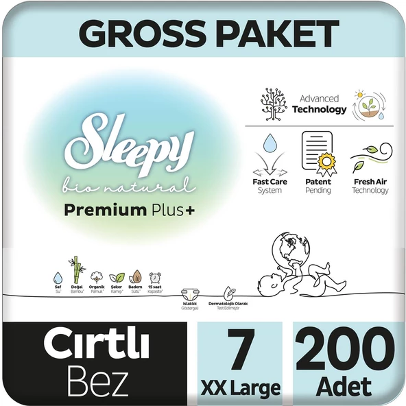 Sleepy Bio Natural Premium Plus Gross Paket Bebek Bezi 7 Numara Xxlarge 200 Adet