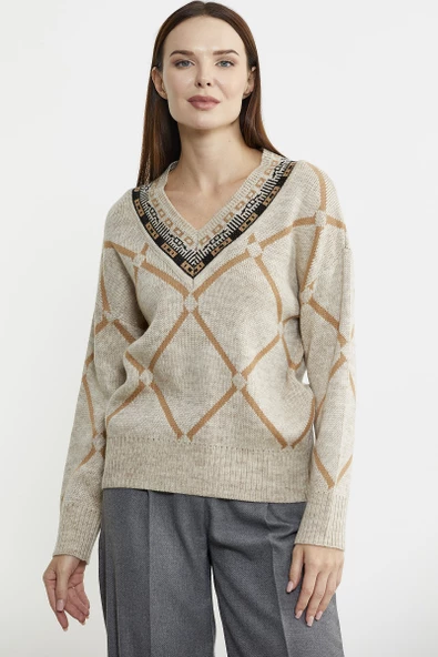 Jakarlı Çok Desenli Yünlü Triko Kazak - Bej - Resim 3