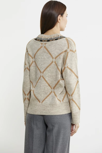 Jakarlı Çok Desenli Yünlü Triko Kazak - Bej - Resim 5