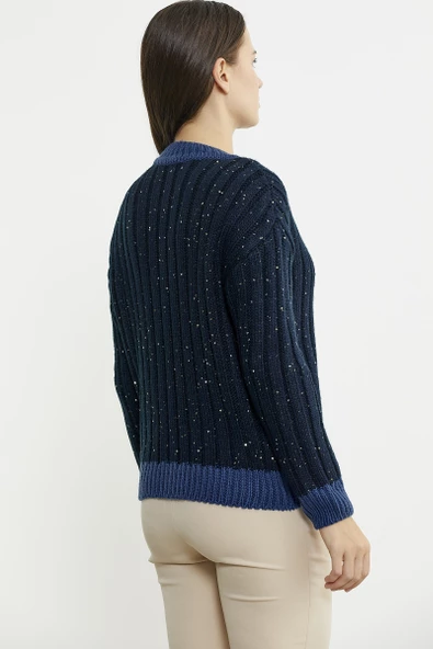 Pul Payet Detaylı Yünlü Triko Hırka - Lacivert - Resim 6