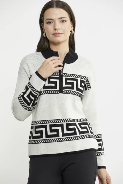 Blok Desenli Dik Yaka Triko Kazak - Kemik - Resim 2