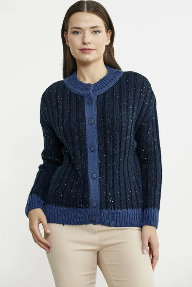 Pul Payet Detaylı Yünlü Triko Hırka - Lacivert - Resim 3