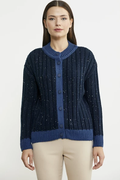 Pul Payet Detaylı Yünlü Triko Hırka - Lacivert ürün görseli