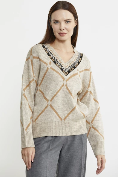 Jakarlı Çok Desenli Yünlü Triko Kazak - Bej - Resim 2
