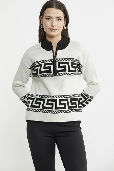 Blok Desenli Dik Yaka Triko Kazak - Kemik - Resim 3